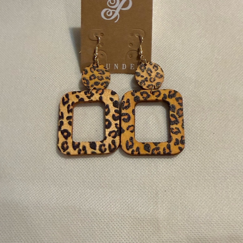 Plunder Leopard Print Tan and Black Square Drop Earrings